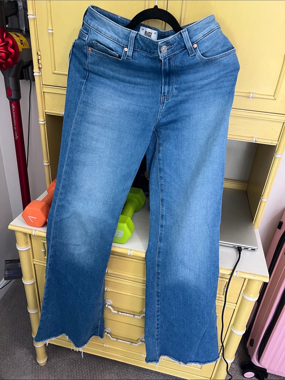 PAIGE Medium Blue Flare Jeans with Raw Hem